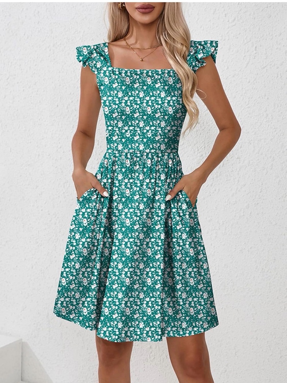 Women’s  Green Floral Ruffle-Sleeve Dress, medium (fits like a xs)